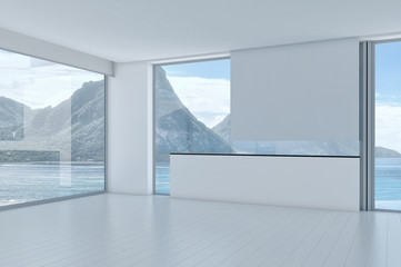 Empty 3d modern loft interior with sea / ocean view