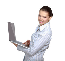 A young woman holding a laptop