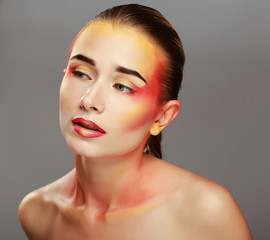 beautiful make up of bright lips, isolated on grey background