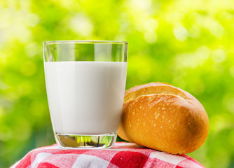 Fresh milk and bread on nature background
