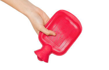 Woman hand give a hot water bottle on  white background