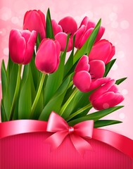 Holiday background with pink flowers and gift bow with ribbon. V