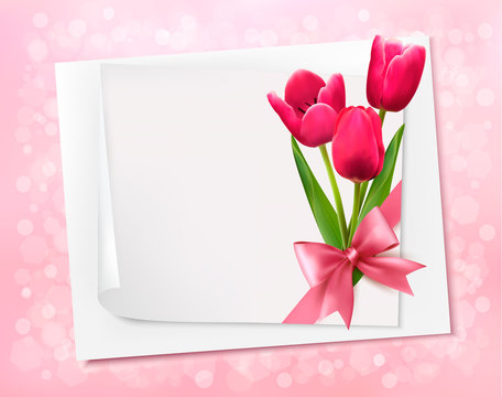 Holiday background with sheet of paper and flowers. Vector illus