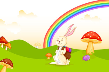 Obraz na płótnie Canvas vector illustration of bunny with Easter egg in garden