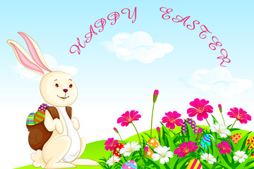 vector illustration of bunny with Easter egg in flower garden