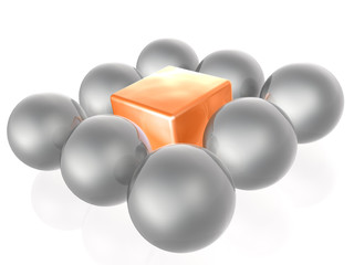 Red cube and grey spheres