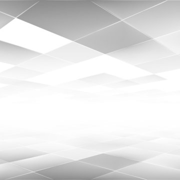 This abstract geometric background features overlapping white and gray folded paper shapes that create a modern sense of depth and perspective.