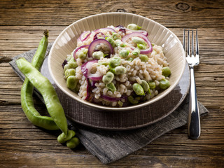 barley risotto with beans broad and onions, vegetarian food