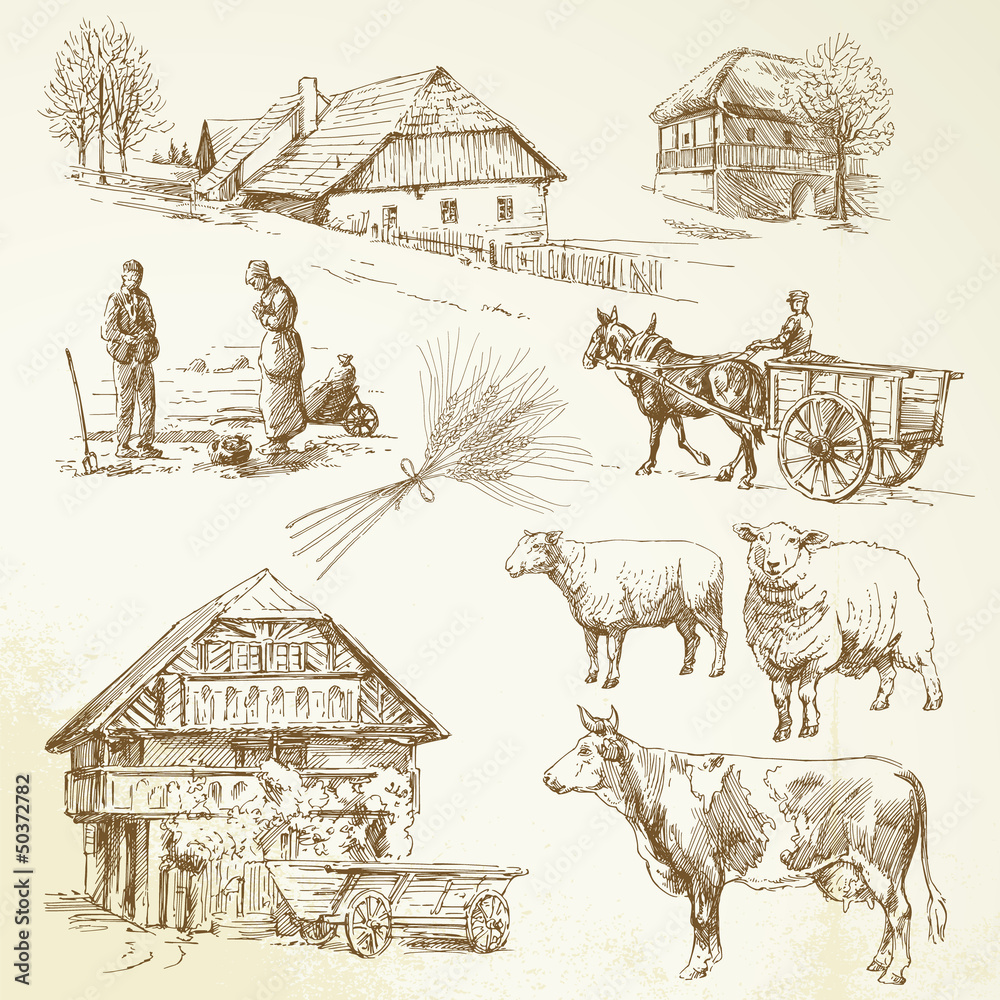 Canvas Prints hand drawn set - rural landscape, village, farm animals