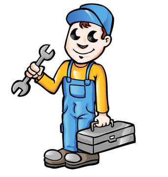   Happy cartoon plumber or mechanic with spanner      