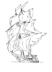 Tall masted sailing ship with sails