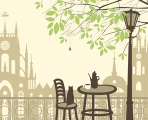Papier Peint photo Café de rue dessiné café en plein air dans la vieille ville avec araignée chat