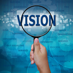 VISION in Magnifying glass on blue background