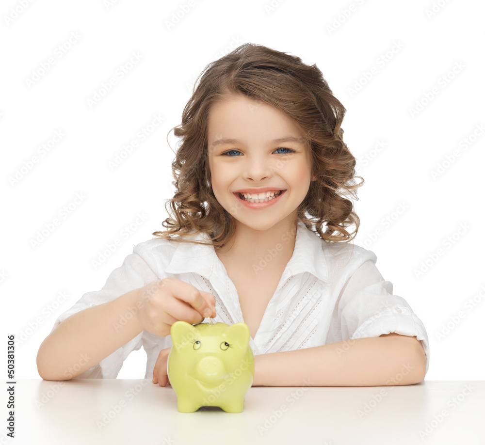 Wall mural girl with piggy bank