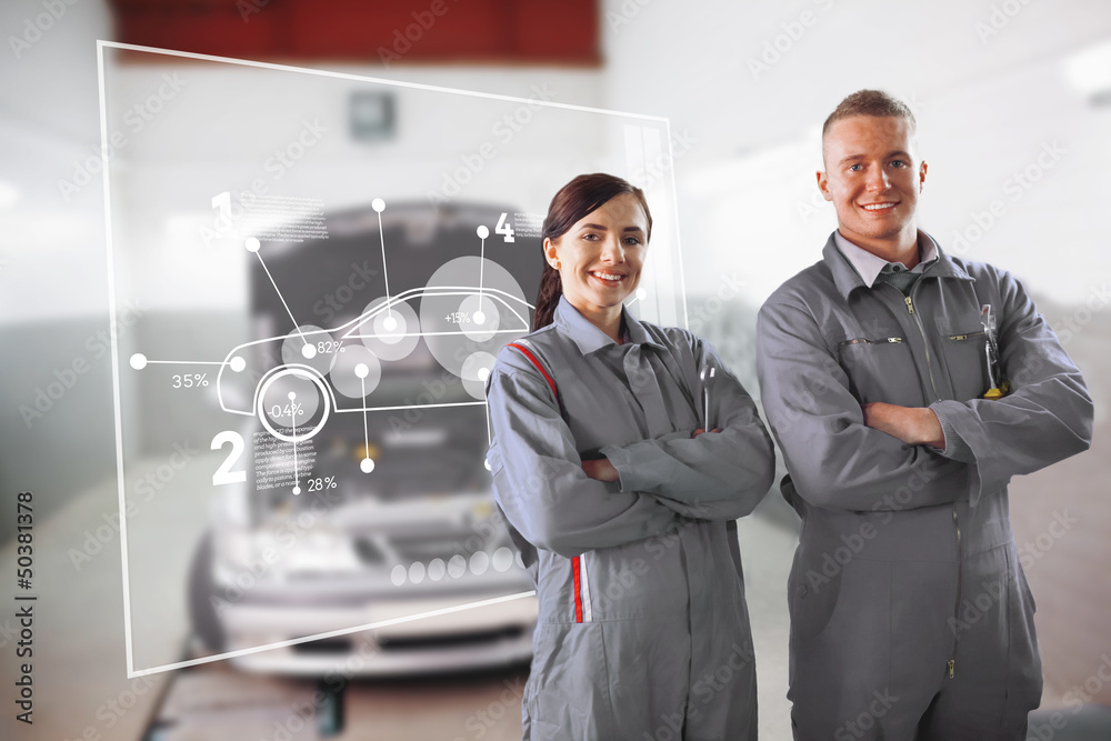 Poster Two mechanics standing in front of a futuristic interface