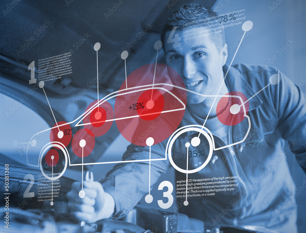 Poster mechanic reparing car while consulting futuristic interface