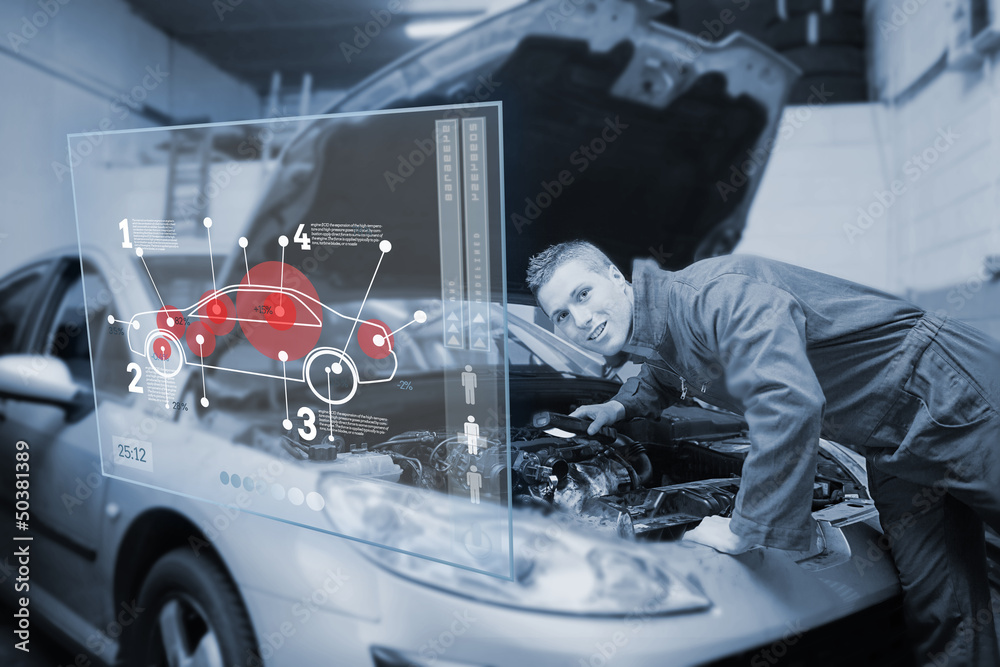 Poster Mechanic with open hood consulting interface in black and white