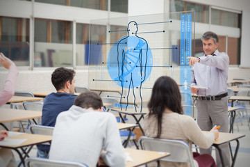 Teacher with futuristic interface pointing student