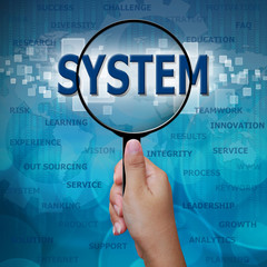 SYSTEM in Magnifying glass on blue background