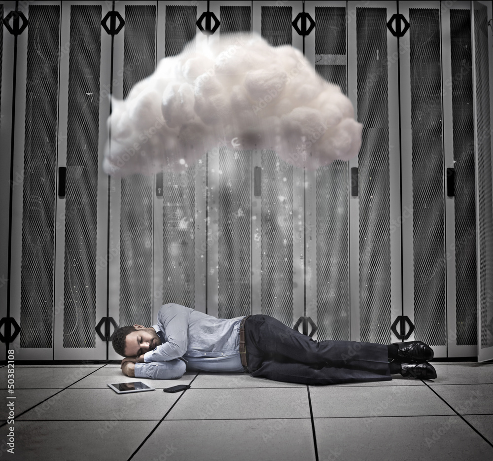 Poster Data worker napping under cloud in data centre