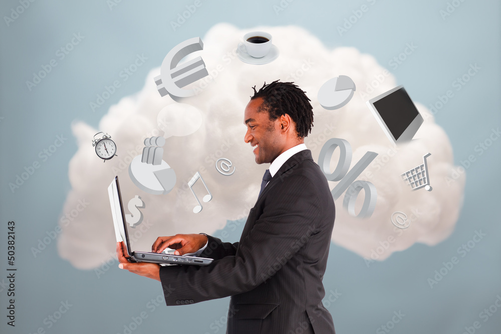 Poster happy businessman connecting to cloud computing