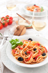 Italian spaghetti tomato sauce, basil and olive