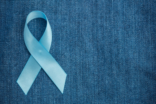 Blue Ribbon For Prostate Cancer Awareness On Demin With Copyspac