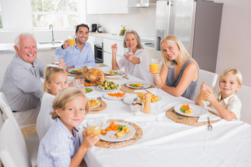 Family raising their glasses at thanksgiving