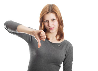 attractive girl with disdain on his face, pointed their thumbs d
