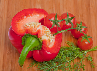 Vegetable ingredients on wooden surface