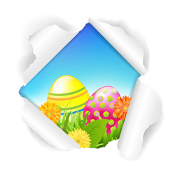 Torn Paper With Flowers And Color Eggs