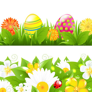 Set Of Borders With Grass And Color Eggs