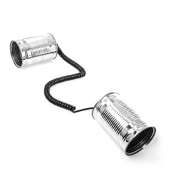 Tin can phones on white background