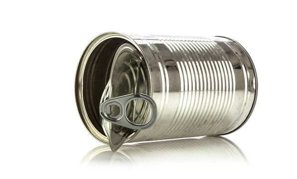 Single opened ring pull tin can on white background