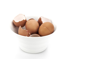 Broken Egg shells in a white bowl