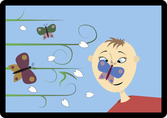cheerful boy on a background of flying butterflies