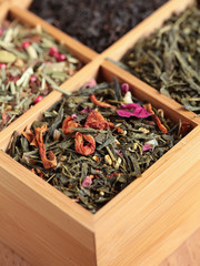 Arrangement of tea in wooden box