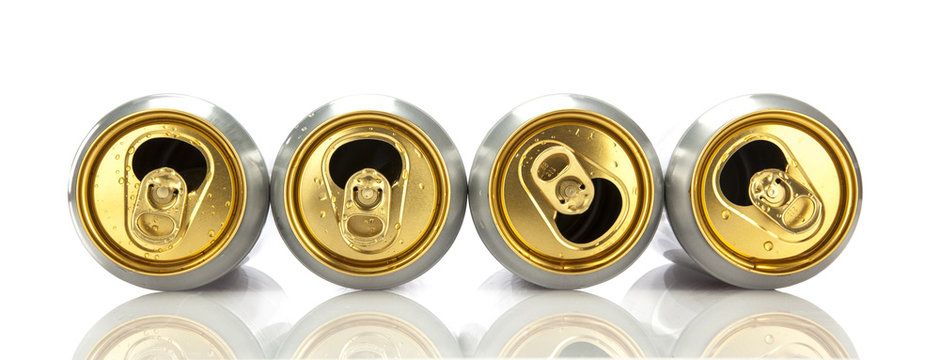 End View Of Four Empty Beer Cans On White Background