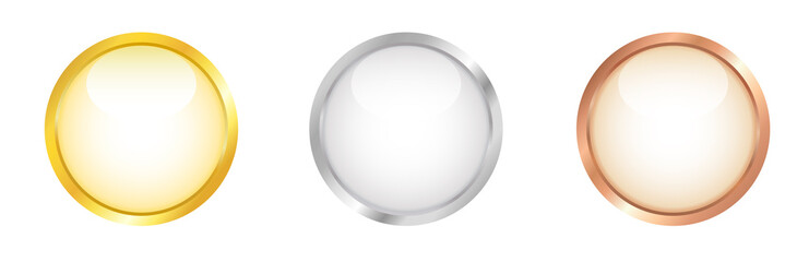 White round buttons with golden, silver and bronze border.