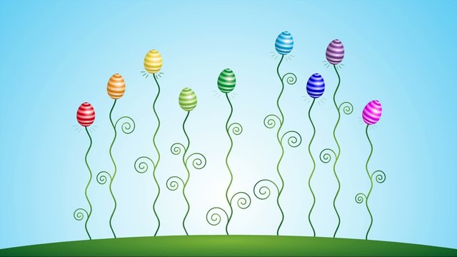 Osterblumen in Regenbogenfarben vor blauem Himmel