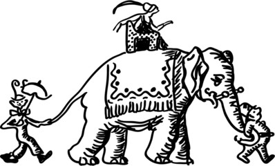 Fototapeta na wymiar Klauny i księżniczka na słoniu