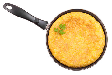Spanish potato omelette in the frying pan. Clipping path