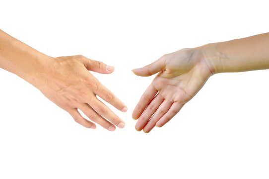 Two woman and man hands about to shake hands