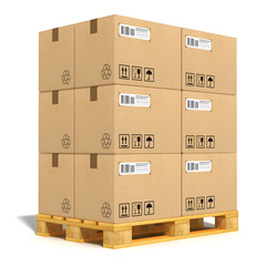 Cardboard boxes on shipping pallet - obrazy, fototapety, plakaty