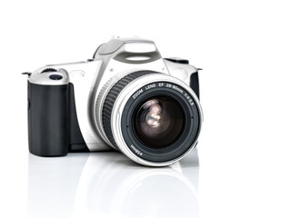 vintage reflex camera on white background.