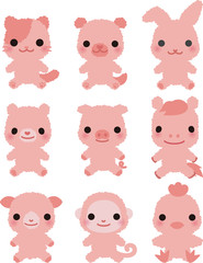 動物たちのピンク色のぬいぐるみ