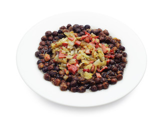 Gray peas with sausage, bacon and onion