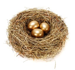 Three golden eggs in hay nest