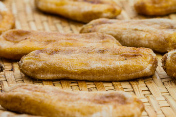 Dried bananas in bamboo basket