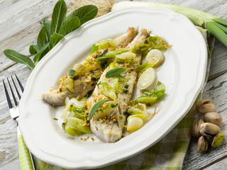 fish fillet with pistachio sage and leek
